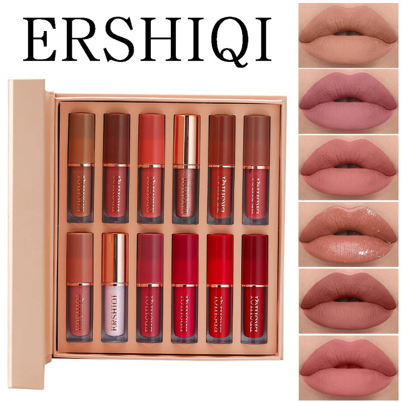 ErshiQi 12 color book lip gloss set Matte Pearlescent non-stick Cup lip glaze lipstick